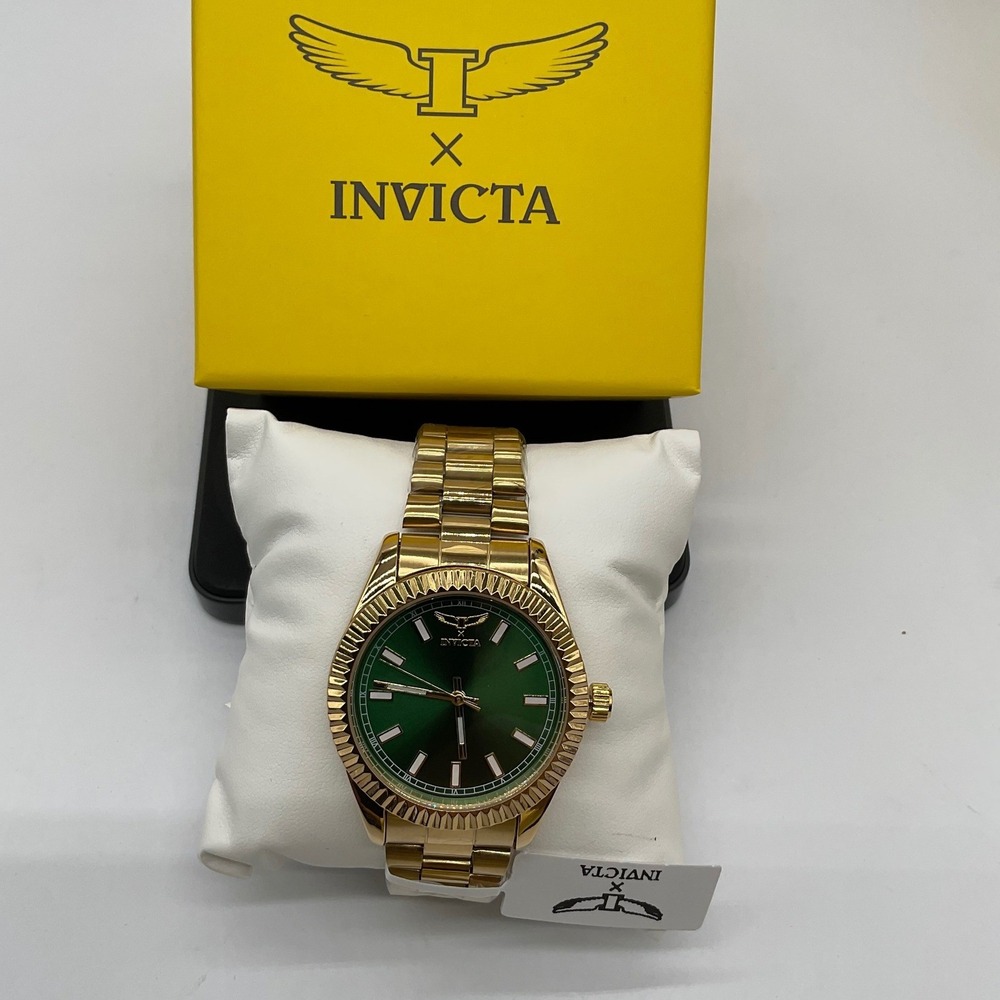 Invicta Specialty I by Invicta Mens Watch Gold Tone Green Dial Fluted Bezel New